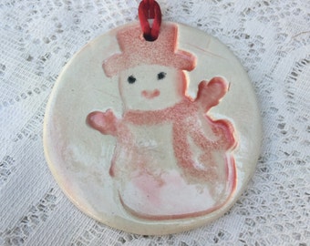 Sweet Snowman Red and White Handmade Christmas Ceramic Ornament