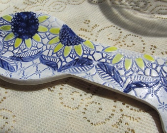 Sunflower Design Blue and Yellow Ceramic Spoon Rest Handmade Kitchen Decor