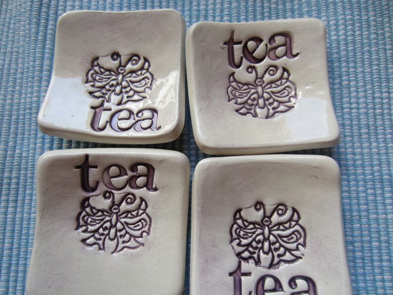 Four Sweet Purple and White Butterfly Tea Bag Holders Kitchen Decor