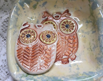 Owls Ceramic Dish with Baby Owl in Brown, Blue and White Holiday Gift