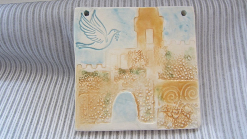 Jerusalem Tower of David Israel Dove Ceramic Tile Gift for New Home Hand Painted Made in Israel Home Decor image 3