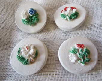 Four Vintage Flower Button & Ceramic Magnets