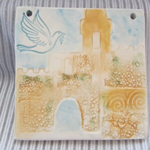 Jerusalem Tower of David Israel Dove Ceramic Tile Gift for New Home Hand Painted Made in Israel Home Decor image 1