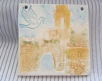 Jerusalem Tower of David Israel Dove Ceramic Tile Gift for New Home Hand Painted Made in Israel Home Decor