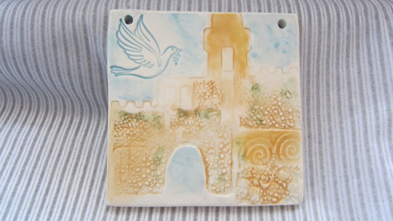 Jerusalem Tower of David Israel Dove Ceramic Tile Gift for New Home Hand Painted Made in Israel Home Decor image 1