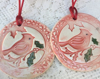 Set of Two Red Cardinals Birds Handmade Red, Green and White Glazes Christmas Ceramic Ornament