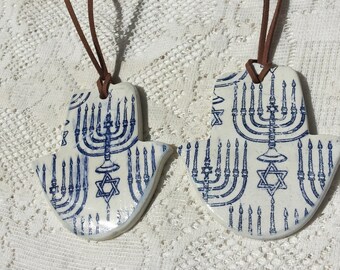 Set of 2 Hamsa Ornaments with Menorah Design Ceramics Hand Made in Israel