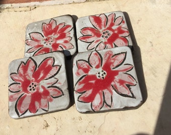 Set of Four Red FLowers Square Ceramic Two Inch Tiles Hand Made in Israel Kitchen Decor Mosaics Garden Art