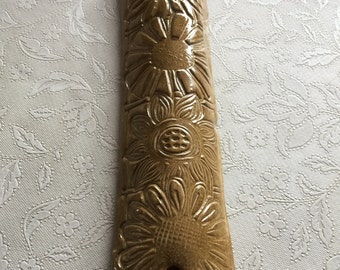 Mezuzah Terra Cota Textured Shades of Golden Yellow on Brown Flowers Handmade Ceramic Made in Israel