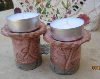Two Candle Holders Tea Lights Pink on Gray High Fire Ceramics Hand Made in Israel Shabbat Candlesticks