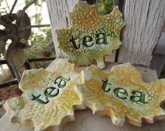 Three Ceramic Autumn Leaves Tea Bag Holders Holiday Gift Stocking Stuffer Home Decor