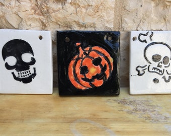 Set of Three Skeleton and Pumpkin Square Ceramic Tiles Holiday Decorations Home and Garden Decor Halloween