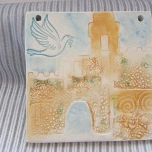 Jerusalem Tower of David Israel Dove Ceramic Tile Gift for New Home Hand Painted Made in Israel Home Decor image 2