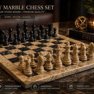 May include: A luxury marble chess set with black and beige pieces on a stone board. The board has a black and beige checkered pattern. The text on the image reads "LUXURY MARBLE CHESS SET" and "GAME. DECOR, LEGACY."
