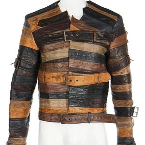 Mens Patchwork Belted Jacket | Brown Black and Tan Buckle Strap Jacket | Punk Statement Outerwear