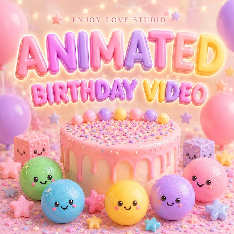 May include: A digital graphic featuring the text ENJOY LOVE STUDIO and ANIMATED BIRTHDAY VIDEO in puffy, colorful letters. A central cake with pink frosting and sprinkles is surrounded by smiling, spherical characters and star shapes.