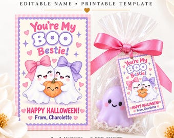 May include: A rectangular Halloween tag template featuring two white ghosts with pink and purple bows holding an orange pumpkin. The text reads You're My BOO Bestie! HAPPY HALLOWEEN! From, Charolette. A clear bag with a pink ribbon contains a ghost.