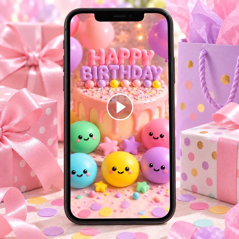 May include: A smartphone screen displaying a birthday-themed graphic with a cake topped with the text HAPPY BIRTHDAY, surrounded by colorful, smiling spherical characters, stars, and confetti, set against a background of pink gift boxes.