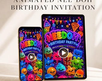 Może przedstawiać: Smartfon i tablet wyświetlające animowane zaproszenie urodzinowe Nee-Doh. Ekran przedstawia kolorową neonową grafikę z zabawkami typu squishy, lodami, pizzą i balonami z tekstem: NEEDOH BIRTHDAY PARTY! JOIN US TO SQUISH, PLAY & CELEBRATE!