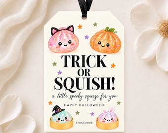 Może przedstawiać: Prostokątna zawieszka prezentowa z czarną wstążką z napisem TRICK OR SQUISH! a little spooky squeeze for you HAPPY HALLOWEEN! From Everett. Projekt zawiera ilustracje czterech błyszczących, uśmiechniętych postaci typu squishy.