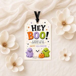 May include: A rectangular gift tag with a black ribbon loop featuring the text HEY BOO! A SPOOKY LITTLE SURPRISE FOR YOU HAPPY HALLOWEEN! From: Everett. The design includes three small cartoon ghosts in purple, white, and green with a pumpkin.