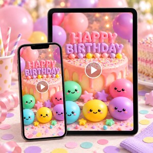 May include: A smartphone and a tablet displaying a birthday-themed image featuring a pink frosted cake with the text HAPPY BIRTHDAY in pink letters, surrounded by colorful smiling spherical characters, stars, and confetti on a festive background.