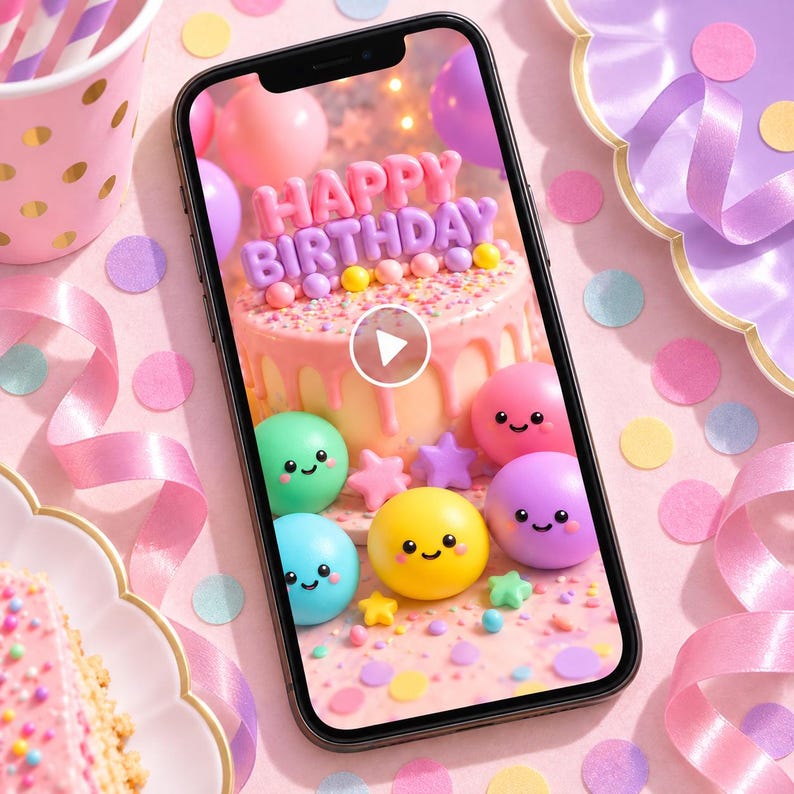 May include: A black smartphone displaying a video of a pink birthday cake with the text Happy Birthday, surrounded by colorful smiling spheres and star-shaped decorations, set against a background of pink party supplies and confetti.
