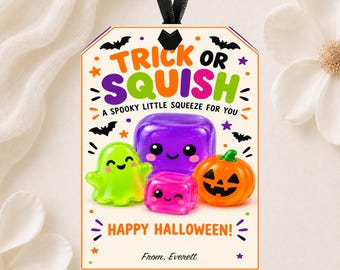 Może przedstawiać: Prostokątna zawieszka prezentowa z czarną wstążką z napisem TRICK OR SQUISH, A SPOOKY LITTLE SQUEEZE FOR YOU, HAPPY HALLOWEEN! oraz From, Everett. Przedstawia limonkowego duszka, fioletową kostkę, różową kostkę i pomarańczową dynię.
