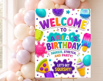 Może przedstawiać: Prostokątna tablica urodzinowa na złotym sztaludze z napisem Welcome to Aria's Birthday, Squeeze, Stretch, and Party! oraz Let's Get Squishy!, otoczona kolorowymi ilustracjami zabawek, lodów i pizzy.