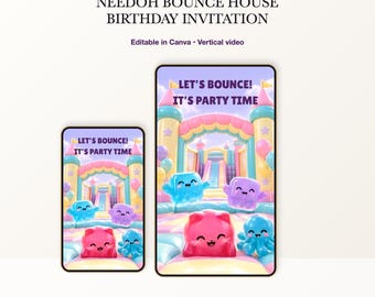 Może przedstawiać: Animowany szablon cyfrowego zaproszenia na urodziny Needoh bounce house. Grafika przedstawia kolorowe, uśmiechnięte, żelowe postacie przed pastelowym dmuchanym zamkiem z napisem LET'S BOUNCE! IT'S PARTY TIME.