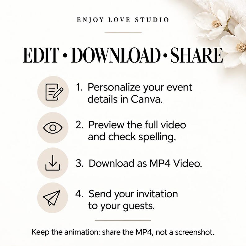 May include: A white instructional graphic with the text Enjoy Love Studio and Edit Download Share. It lists four steps: 1. Personalize your event details in Canva. 2. Preview the full video and check spelling. 3. Download as MP4 Video. 4. Send your invitation to your guests.