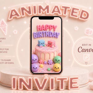 May include: A smartphone displaying a digital birthday invitation with the text HAPPY BIRTHDAY above a cake topped with two small cube characters, surrounded by colorful spheres and stars, all set against a soft pink background with neon accents.