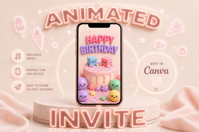 May include: A smartphone displaying a digital birthday invitation with the text HAPPY BIRTHDAY above a cake topped with two small cube characters, surrounded by colorful spheres and stars, all set against a soft pink background with neon accents.