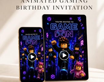 May include: A smartphone and a tablet displaying an animated gaming birthday invitation with the text YOU'RE INVITED TO GAME ON. The screen features blocky character figures in a dark, neon-lit city environment with purple and blue accents.