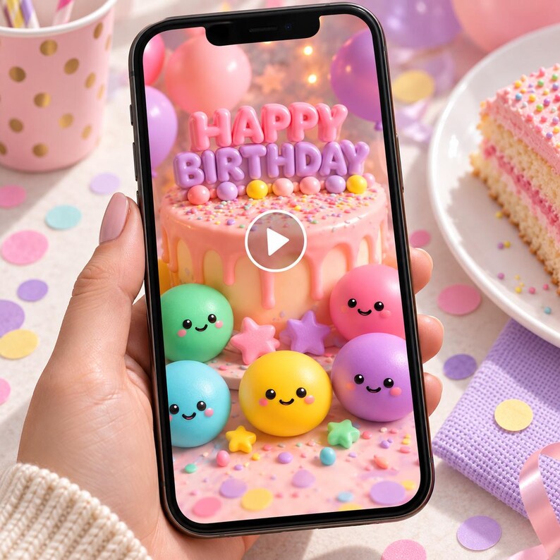 May include: A smartphone screen displaying a digital graphic of a pink birthday cake with the text HAPPY BIRTHDAY in pink letters, surrounded by colorful smiling spheres and stars, with a white play button icon centered on the screen.