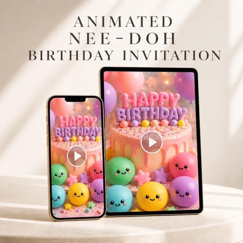 May include: A smartphone and a tablet displaying an animated birthday invitation featuring a pink frosted cake with the text HAPPY BIRTHDAY and colorful, smiling round characters resembling Nee-Doh stress balls, stars, and balloons.