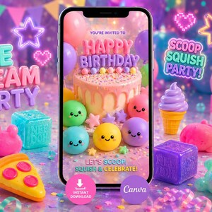 May include: A smartphone displaying a digital birthday invitation with the text YOU'RE INVITED TO HAPPY BIRTHDAY and LET'S SCOOP SQUISH & CELEBRATE, surrounded by colorful ice cream, pizza, and cube-shaped toys on a purple background.