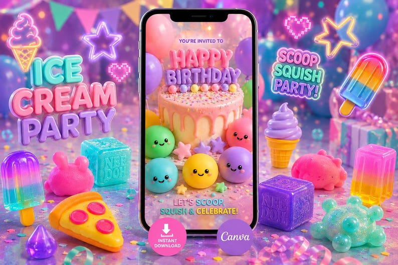 May include: A smartphone displaying a digital birthday invitation with the text YOU'RE INVITED TO HAPPY BIRTHDAY and LET'S SCOOP SQUISH & CELEBRATE, surrounded by colorful ice cream, pizza, and cube-shaped toys on a purple background.