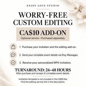 May include: A digital graphic for Enjoy Love Studio detailing a worry-free custom editing service. It outlines a three-step process: purchase the invitation, send event details via Etsy Messages, and receive a personalized MP4 invitation.