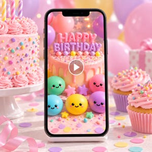 May include: A smartphone displaying a digital image of a pink birthday cake with the text HAPPY BIRTHDAY, surrounded by colorful smiling spheres, stars, and confetti. The phone is positioned in front of a real pink cake and cupcakes.