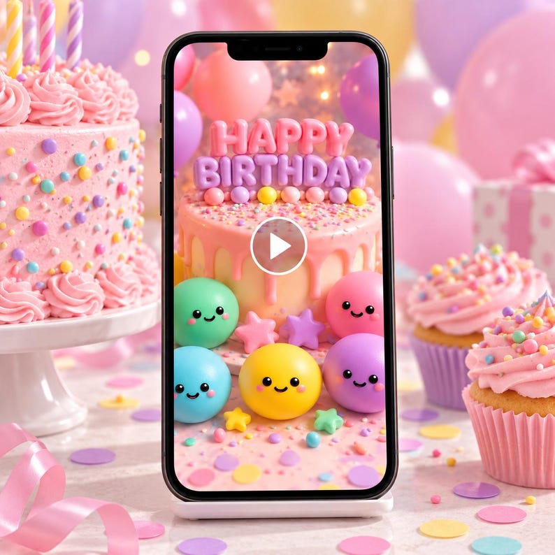 May include: A smartphone displaying a digital image of a pink birthday cake with the text HAPPY BIRTHDAY, surrounded by colorful smiling spheres, stars, and confetti. The phone is positioned in front of a real pink cake and cupcakes.