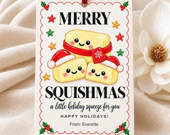 Merry Squishmas Butter Favor Tag, Editable Name Canva Template, Rounded Cube Christmas Gift Tag, Printable Digital Download