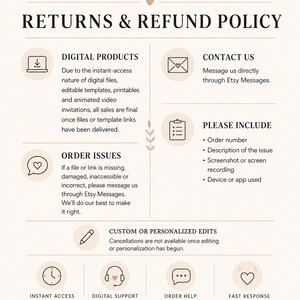 May include: A beige informational graphic titled RETURNS & REFUND POLICY for Enjoy Love Studio. It outlines digital product policies, contact instructions, order issue procedures, and custom edit rules, featuring icons for digital files, support, and help.