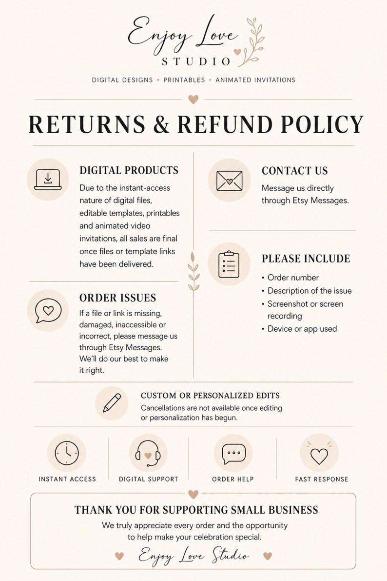 May include: A beige informational graphic titled RETURNS & REFUND POLICY for Enjoy Love Studio. It outlines digital product policies, contact instructions, order issue procedures, and custom edit rules, featuring icons for digital files, support, and help.