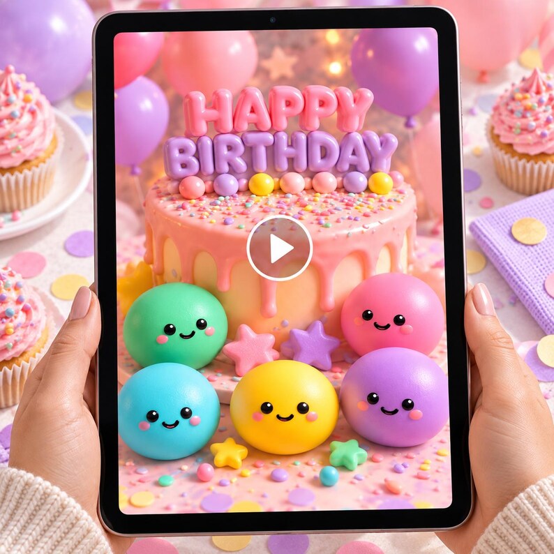 May include: A tablet screen displaying a birthday cake with pink frosting, sprinkles, and a purple Happy Birthday topper. Below the cake are five colorful, round, smiling character figures in green, pink, blue, yellow, and purple.