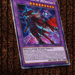 May include: A purple trading card titled Dark Magician of Destruction featuring a dark-clad spellcaster holding a glowing staff. The card displays the text Spellcaster/Fusion/Effect, ATK/2800, DEF/2600, and includes detailed game rules and card information.