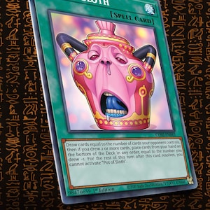 May include: A green trading card titled Pot of Sloth, a Spell Card featuring a pink, anthropomorphic pot with a face, wide open mouth, and black handles. The card text describes drawing cards based on opponent control and includes the code CORI-EN061.