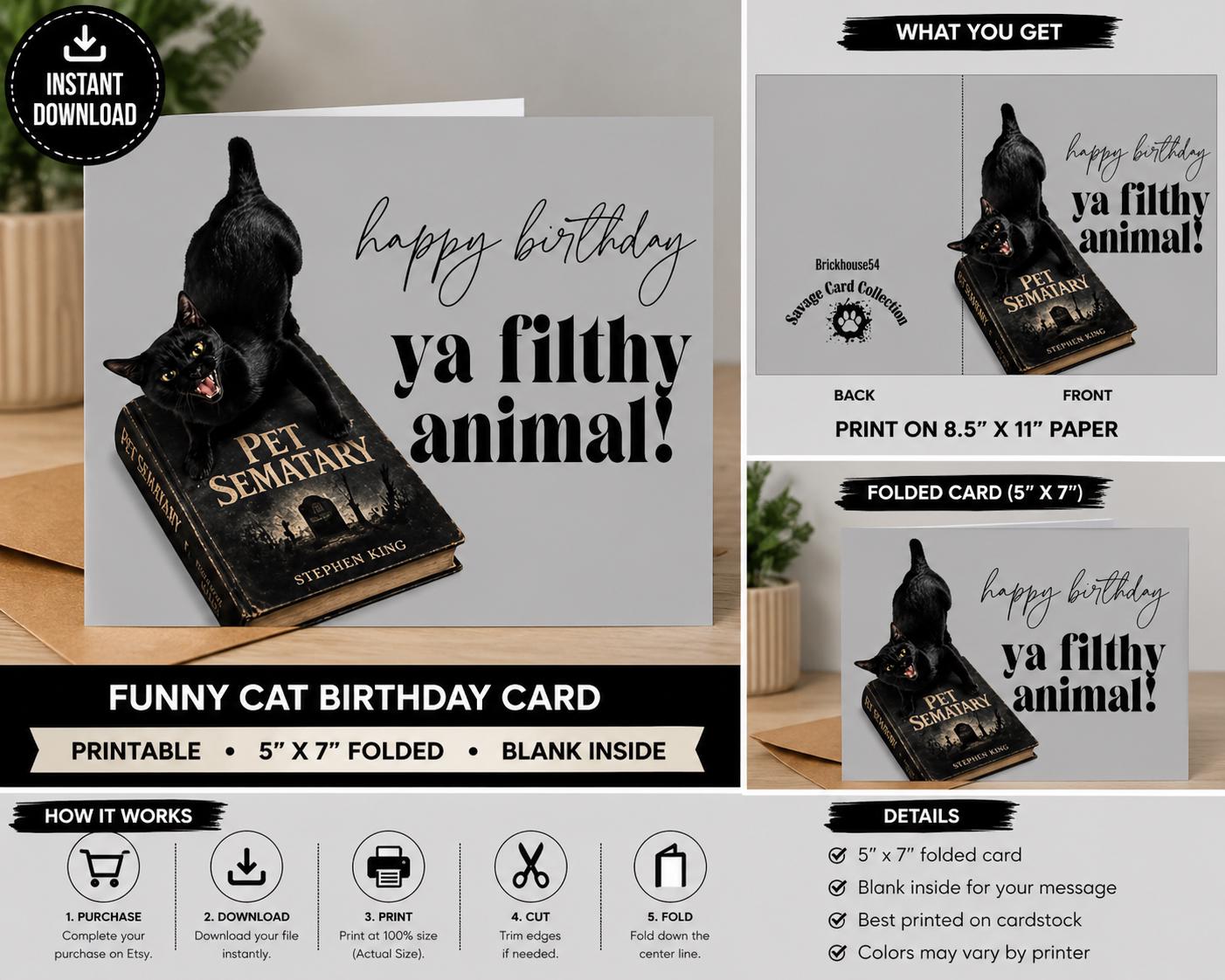 Funny Cat Birthday Card - Printable 5x7 Folded Card "happy Birthday Ya ...