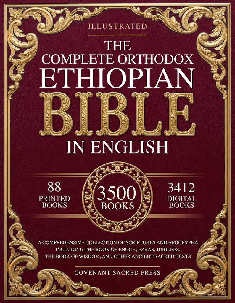 Puede incluir: Una portada de libro granate con bordes y texto dorados ornamentados. El t&iacute;tulo dice "The Complete Orthodox Ethiopian Bible in English". Incluye detalles sobre libros impresos y digitales, y el editor.