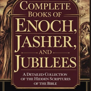 Puede incluir: Portada de libro con el t&iacute;tulo "The Complete Books of Enoch, Jasher, and Jubilees". La portada es de color burdeos oscuro con letras doradas. El libro es publicado por Judah Publishing y presenta ilustraciones de figuras.